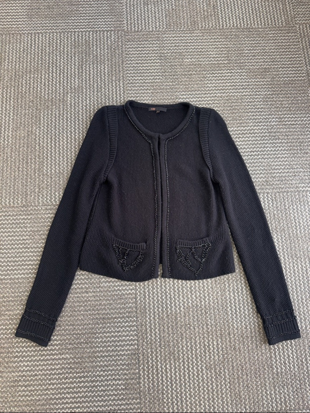 Maje Wool Blend Black Cardigan Sweater with Chain Detail, size M
